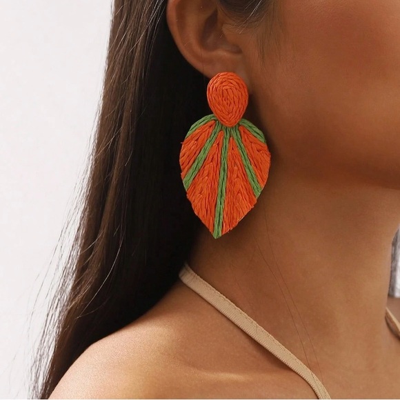 Large Orange Lime Green Rattan Leaf Earrings Statement Summer Beach Post Big - Picture 3 of 5